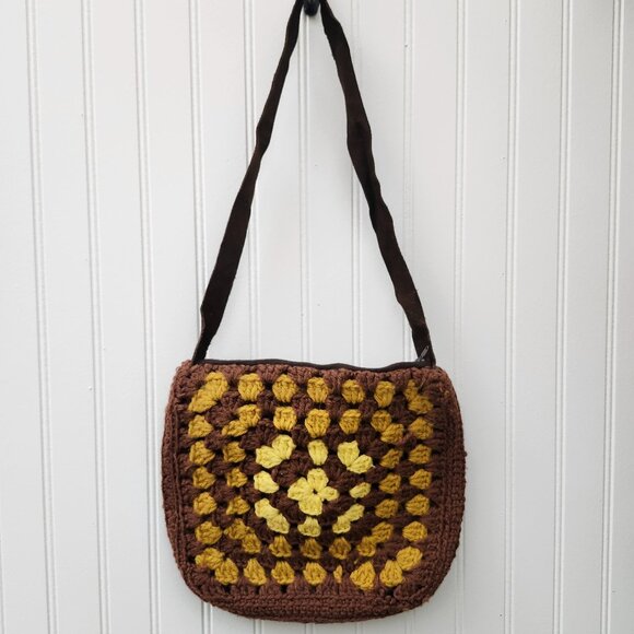 Vintage 1970's Handmade Brown & Yellow Crochet Purse with Leather Strap - Picture 1 of 16